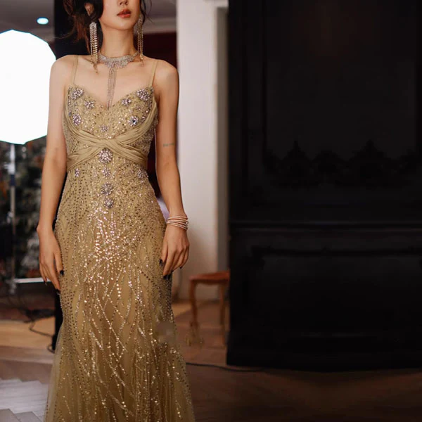 Aurora Glamorous Gold Sequin and Crystal Embellished Evening Dress - Image 4