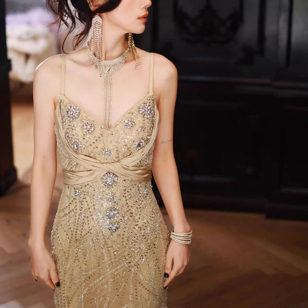 Aurora Glamorous Gold Sequin and Crystal Embellished Evening Dress - Image 6