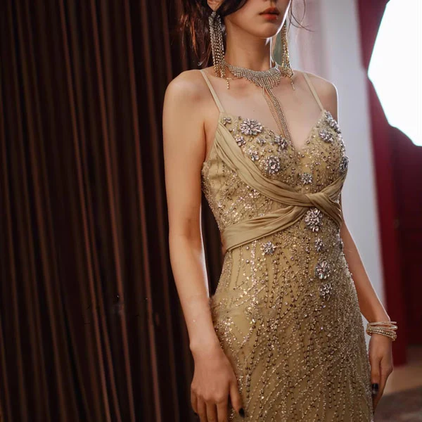 Aurora Glamorous Gold Sequin and Crystal Embellished Evening Dress - Image 7