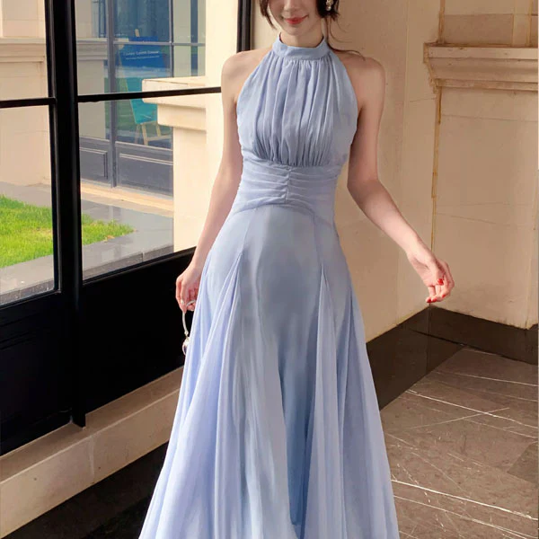 Aveline Romantic Baby Blue A-Line Halter Evening Dress - Image 3