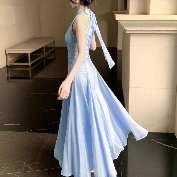 Aveline Romantic Baby Blue A-Line Halter Evening Dress - Image 4