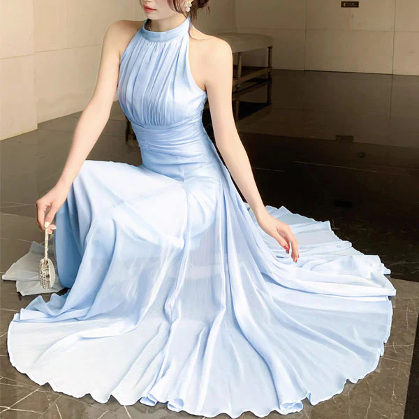 Aveline Romantic Baby Blue A-Line Halter Evening Dress - Image 5