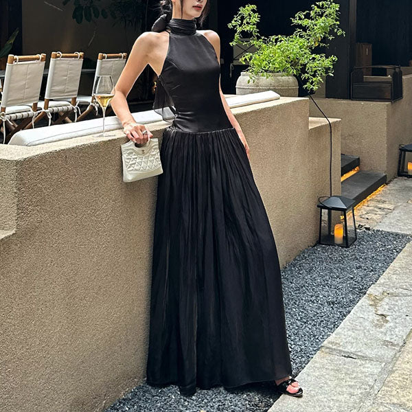 Bethany Ethereal Black Halter Neck Flowing Scarf Evening Dress