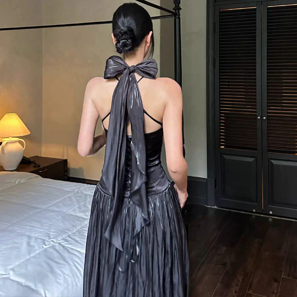 Bethany Ethereal Black Halter Neck Flowing Scarf Evening Dress - Image 2