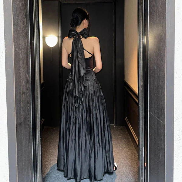 Bethany Ethereal Black Halter Neck Flowing Scarf Evening Dress - Image 3