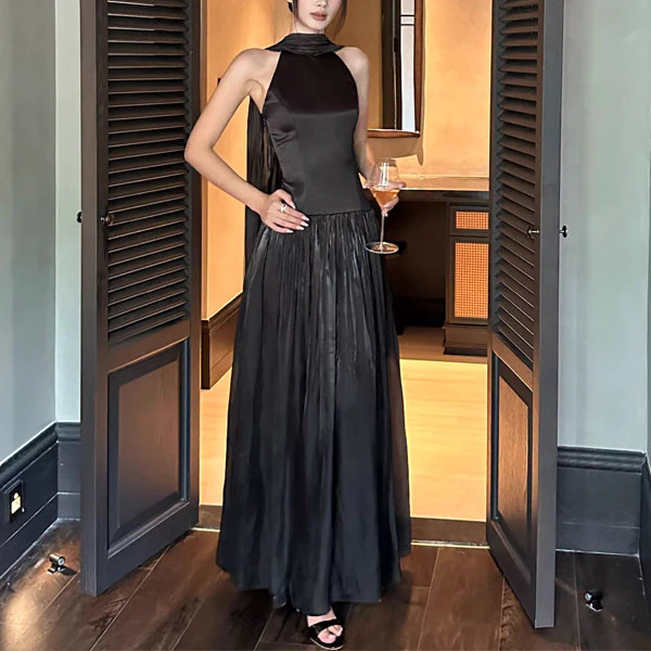Bethany Ethereal Black Halter Neck Flowing Scarf Evening Dress - Image 4