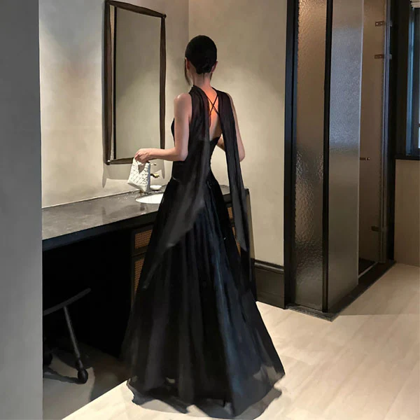 Bethany Ethereal Black Halter Neck Flowing Scarf Evening Dress - Image 5
