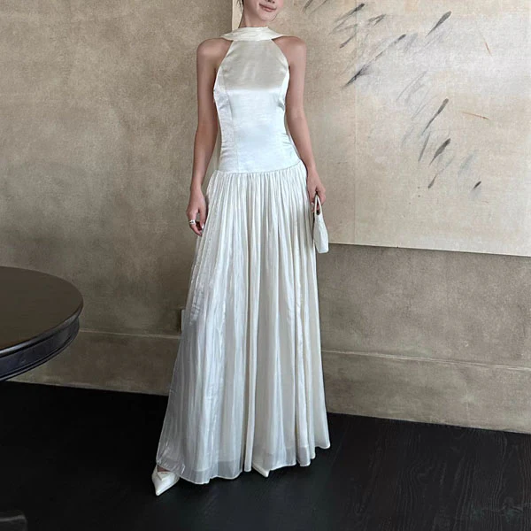 Bethany Ethereal Ivory Halter Neck Flowing Scarf Evening Dress