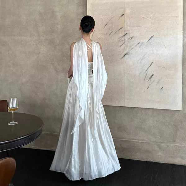 Bethany Ethereal Ivory Halter Neck Flowing Scarf Evening Dress - Image 2