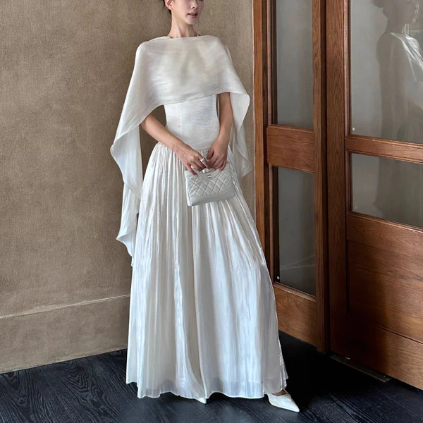 Bethany Ethereal Ivory Halter Neck Flowing Scarf Evening Dress - Image 3