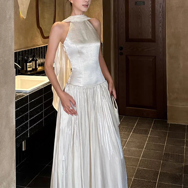 Bethany Ethereal Ivory Halter Neck Flowing Scarf Evening Dress - Image 4