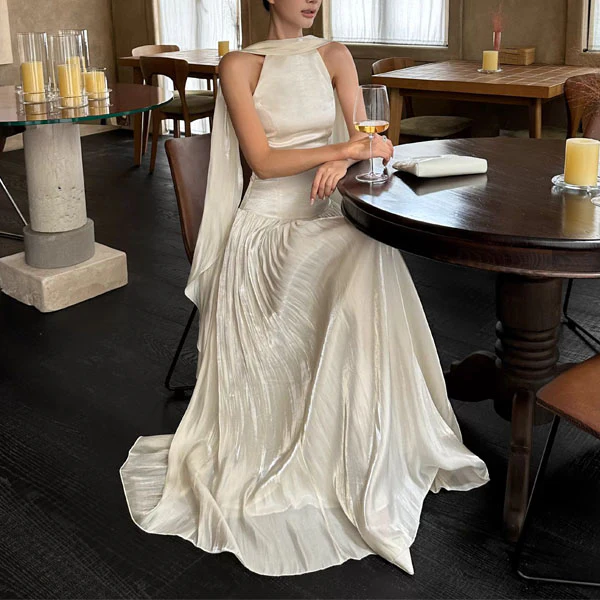 Bethany Ethereal Ivory Halter Neck Flowing Scarf Evening Dress - Image 6