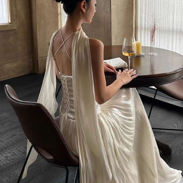 Bethany Ethereal Ivory Halter Neck Flowing Scarf Evening Dress - Image 7