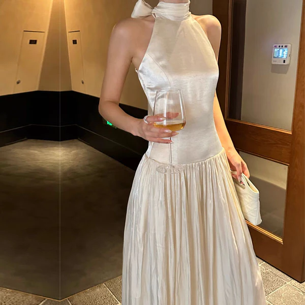 Bethany Ethereal Ivory Halter Neck Flowing Scarf Evening Dress - Image 8