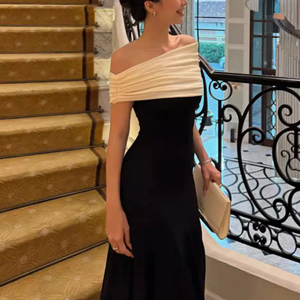 Carol French Elegance Off-Shoulder Contrast Evening Dress - Image 3