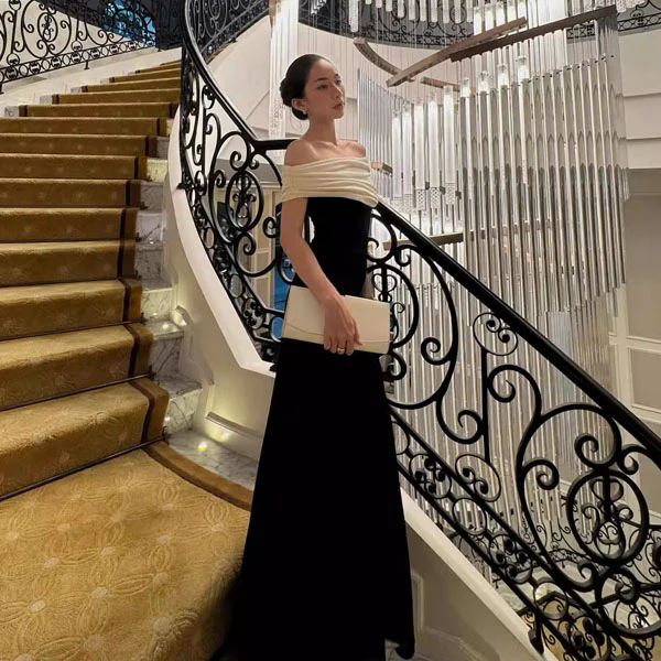 Carol French Elegance Off-Shoulder Contrast Evening Dress - Image 4