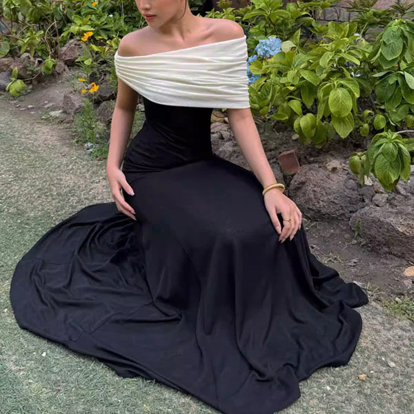 Carol French Elegance Off-Shoulder Contrast Evening Dress - Image 8