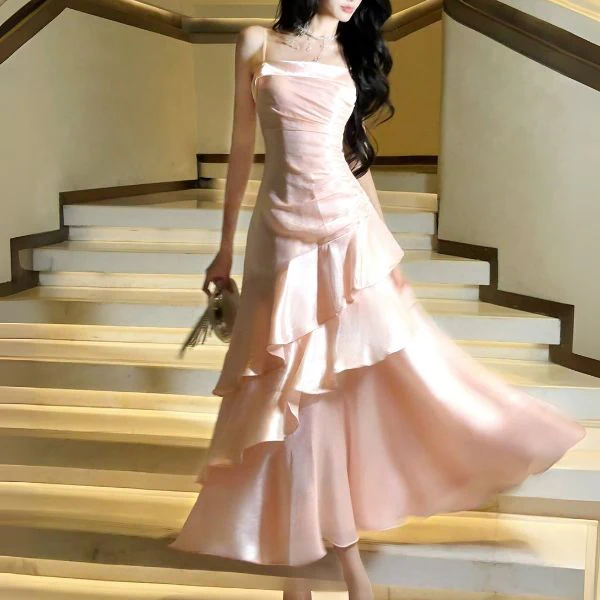 Carrisa Celestial Baby Pink Tiered Ruffles Maxi Dress