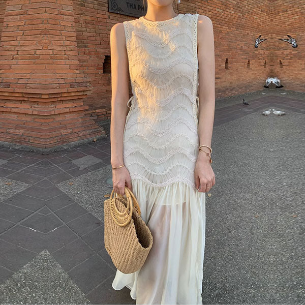 Catherina Elegant Ivory Knit Lace Maxi Dress - Image 3