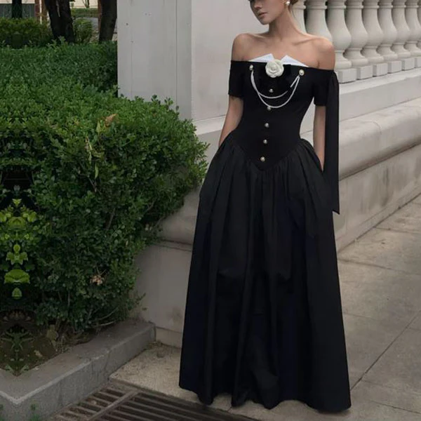 Clarisse Black Off-Shoulder Victorian Inspired Dress
