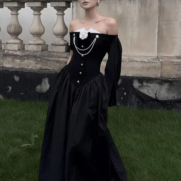 Clarisse Black Off-Shoulder Victorian Inspired Dress - Image 3