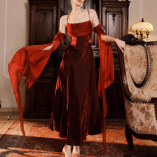 Claudine Elegant Scarlet Evening Dress with Detachable Sleeves - Image 3
