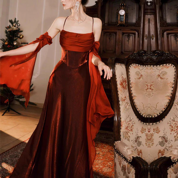 Claudine Elegant Scarlet Evening Dress with Detachable Sleeves - Image 7