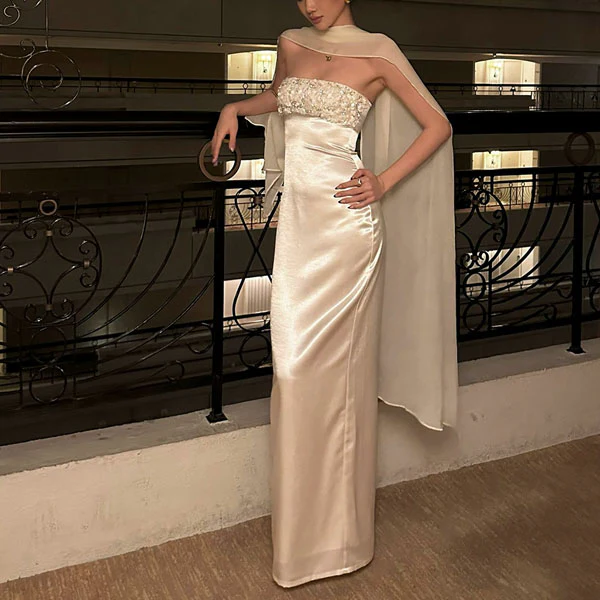 Colette Embellished Strapless Satin Evening Dress with Scarf