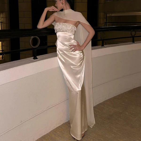 Colette Embellished Strapless Satin Evening Dress with Scarf - Image 3