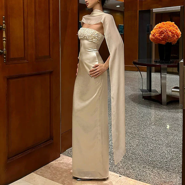 Colette Embellished Strapless Satin Evening Dress with Scarf - Image 4