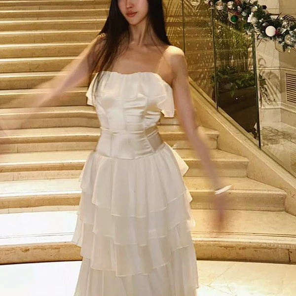 Daria Ivory Layered Ruffles Evening Dress - Image 3