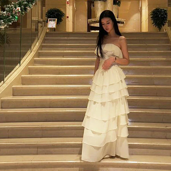 Daria Ivory Layered Ruffles Evening Dress - Image 4