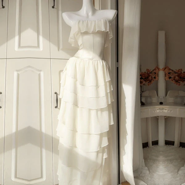 Daria Ivory Layered Ruffles Evening Dress - Image 6