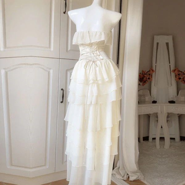 Daria Ivory Layered Ruffles Evening Dress - Image 7