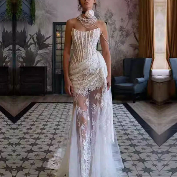 Desiree Elegant Lace Corset Dress with Sheer Skirt and Draped Detail