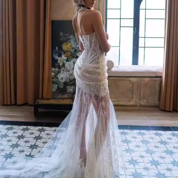 Desiree Elegant Lace Corset Dress with Sheer Skirt and Draped Detail - Image 2
