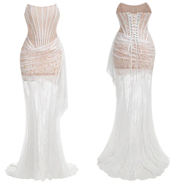 Desiree Elegant Lace Corset Dress with Sheer Skirt and Draped Detail - Image 5
