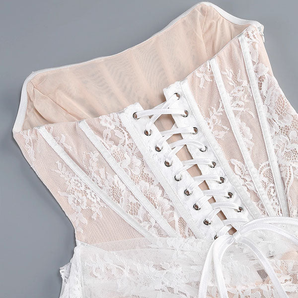 Desiree Elegant Lace Corset Dress with Sheer Skirt and Draped Detail - Image 9