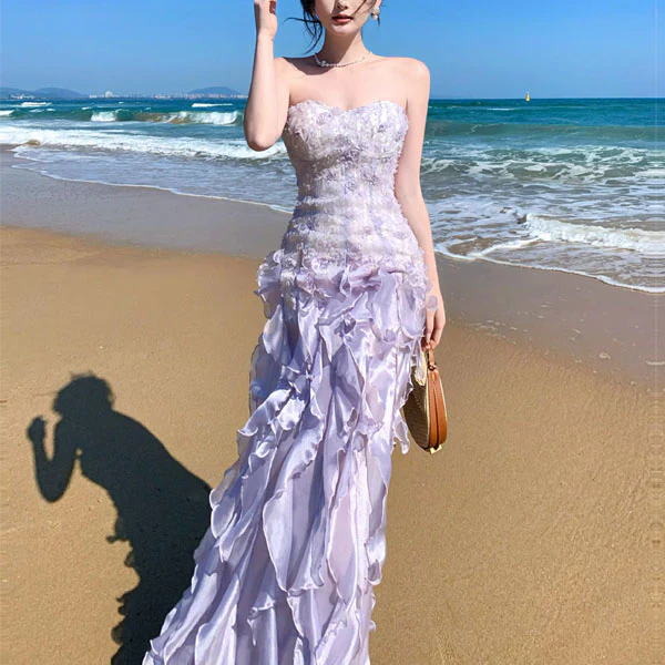 Elara Romantic Lilac Sweetheart Neckline Ruffles Evening Dress - Image 3