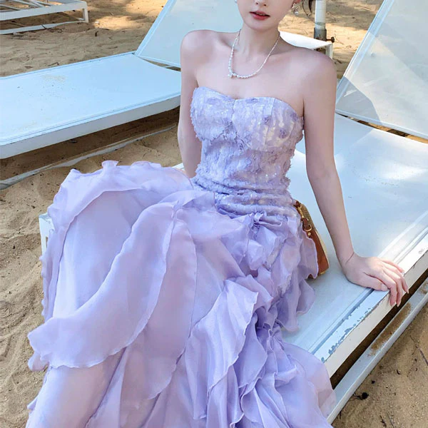 Elara Romantic Lilac Sweetheart Neckline Ruffles Evening Dress - Image 5
