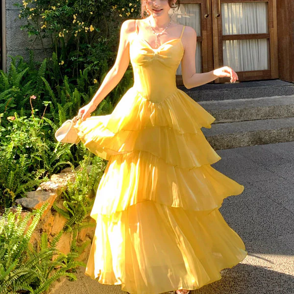Elina Romantic Yellow Tiered Spaghetti Straps Ruffles Dress