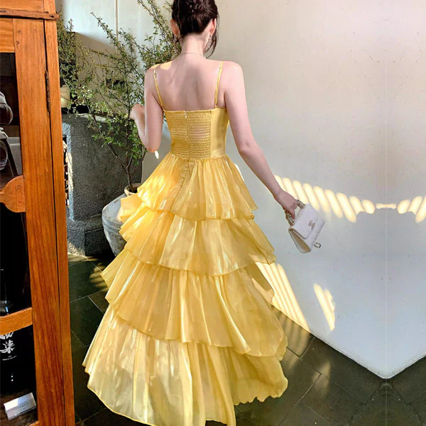 Elina Romantic Yellow Tiered Spaghetti Straps Ruffles Dress - Image 2