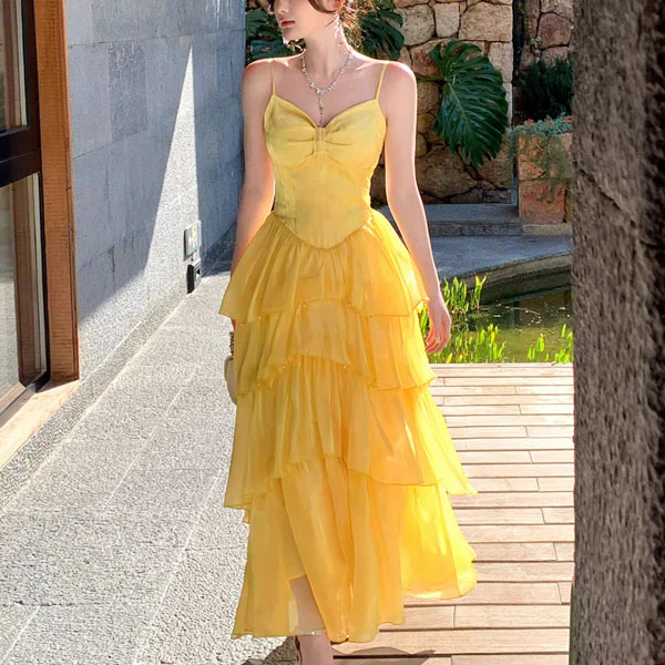 Elina Romantic Yellow Tiered Spaghetti Straps Ruffles Dress - Image 3