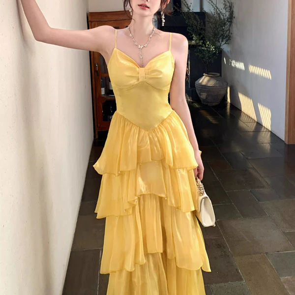 Elina Romantic Yellow Tiered Spaghetti Straps Ruffles Dress - Image 5