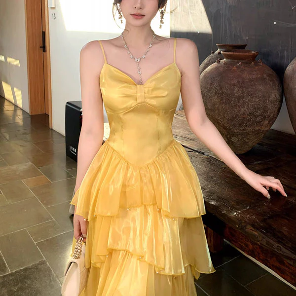 Elina Romantic Yellow Tiered Spaghetti Straps Ruffles Dress - Image 6