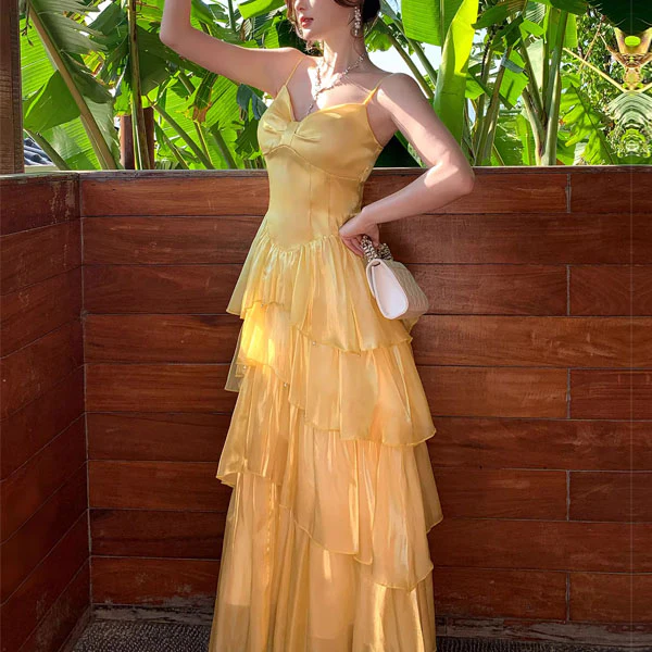 Elina Romantic Yellow Tiered Spaghetti Straps Ruffles Dress - Image 7
