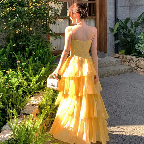 Elina Romantic Yellow Tiered Spaghetti Straps Ruffles Dress - Image 8