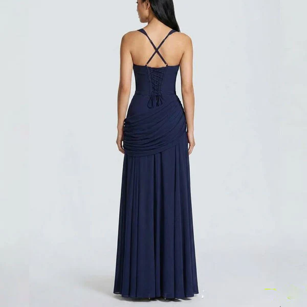 Elizabeth Navy Elegance Ruched Lace Back Evening Dress - Image 6