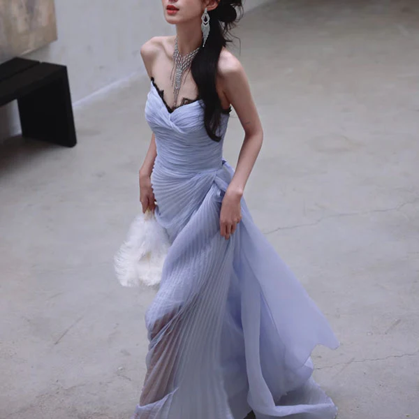 Eloise Periwinkle Blue Strapless Asymmetrical Evening Gown - Image 4