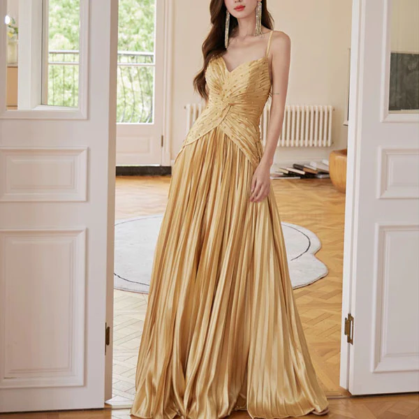 Elowen Golden Goddess Pleated Evening Dress